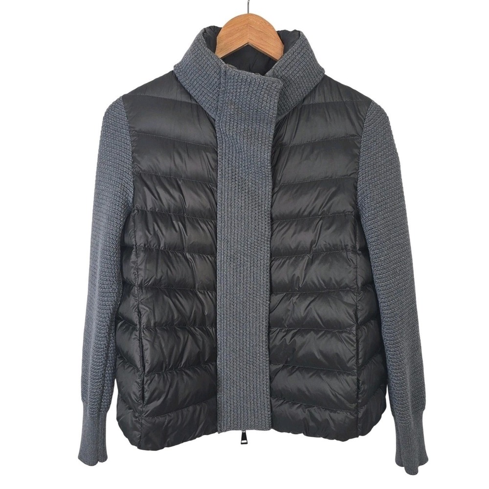 Moncler Women Black Grey Wool & Down Hybrid Knit Puffer Jacket Size S Logo Patch